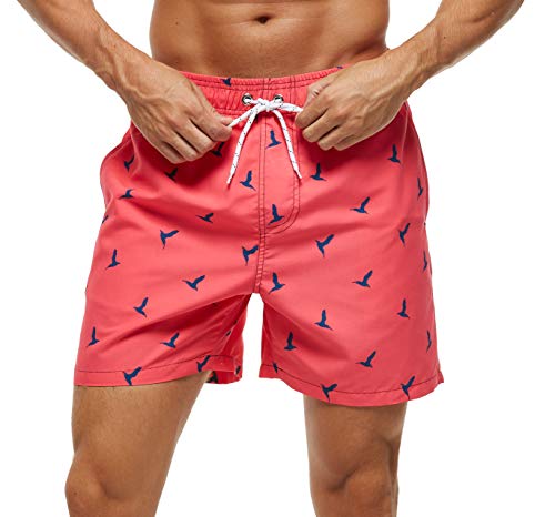 SILKWORLD Men's Swim Trunks Quick Dry Bathing Suit, Beach Shorts with Mesh Lining,Bird/Salmon, XX-Large