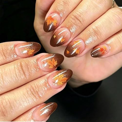BLGTGH Short Oval Brown Ombre Maple Leaf Fall Press On Nails