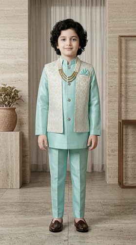Image of AHHAAAA Kids Ethnic Silk Blend Waistcoat Kurta Pyjama 3 Piece Sherwani Set For Boys |540|