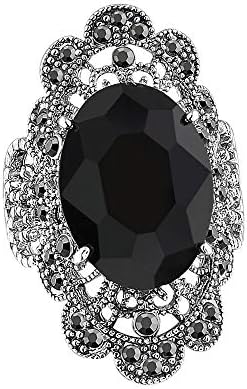 Mytys Retro Vintage Cocktail Statement Ring Black Marcasite & Crystal Rings for Women Girls Antique Silver Big Black Onyx Stone Ring Style 4