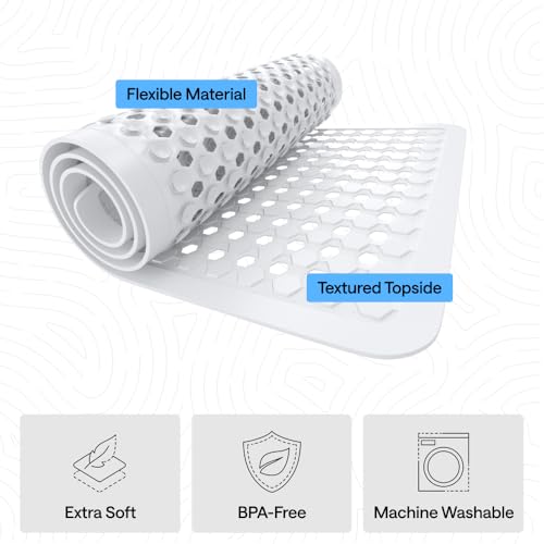 Image of GORILLA GRIP Patented Bath Tub Shower Mat, Machine Washable Bathtub Floor Liner Mats, Suction Cups and Drain Holes to Keep Tubs Clean, Soft on Feet, Bathroom Essentials, 35x16 Inch, White