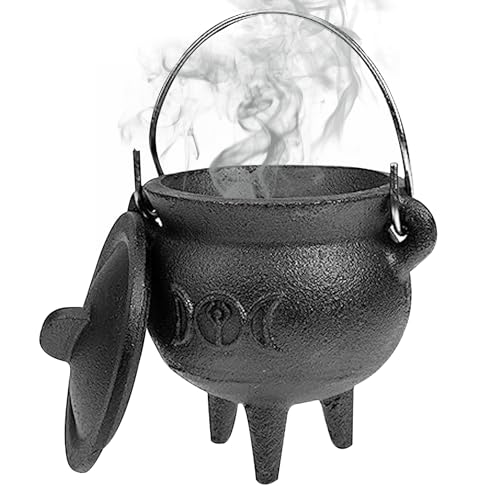 Caldero de Hierro Fundido con Tapa y Mango Halloween 3.94x2.95x2.95 Pulgadas Cauldron Vela Decorativa Incienso en Quema de brujería, Hierro Fundido