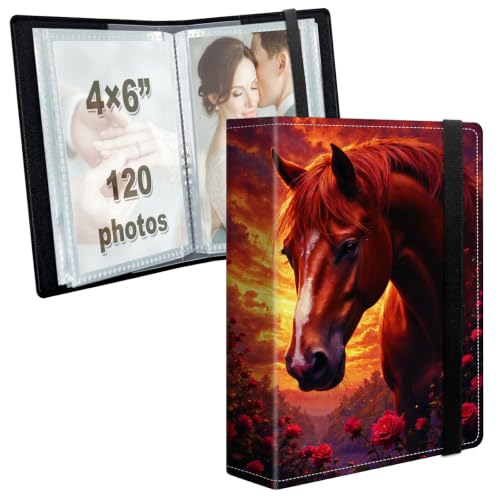 Image of Photo Album 4x6 120 Photos with Strong Elastic Band, Red Horse | Large Capacity Premium Leather Picture Album, Portable Wallet Albums Photo Book for Family Anniversaries Wedding Baby