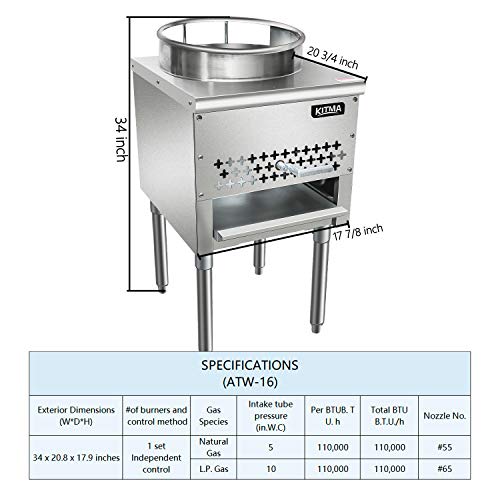 Kitma 16" Gas Wok Range - Commercial Natural Gas Cooking Range- Restaurant Equipment, 110,000 Btu #TOP1