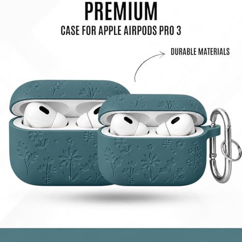 Image of Emoh Roced Case for Airpods Pro 3,Silicone Flower Engraved Cases Compatible with Apple AirPods Pro 3rd Generation 2025, Shockproof, Anti-Scratch, Protective Case Cover (Dark Green, for AirPods pro 3)