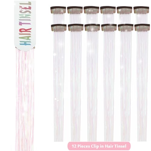 Hair Tinsel Clip in 23.6 Inch Clip in Hair Tinsel Glitter Tinsel Hair Extensions Heat Resistant Tinsel Hair Kit Sparkling Fairy Hair Accessories for Girls Women Kids (Aurora)