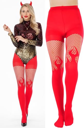 Image of ToBeInStyle Women's Flame Burning Fire Tights w /Devil-Inspired Print Hosiery