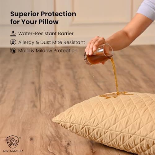 Image of MY ARMOR Waterproof & Dustproof Cotton Quilted Pillow Cover Protectors, Standard Size | 220+ GSM- Set of 2, Beige (18 inch x28 inch)