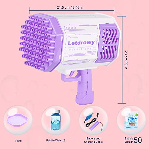 Bubble Machine With 20.28 Oz Bubble Refill Solution - Letdrowy Bubble Guns For Kids Ages 4-8 - Bubble Blower Blaster With 69-Hole Wands - Purple Bubble Maker Gifts For Valentine,Wedding,Party #TOP2