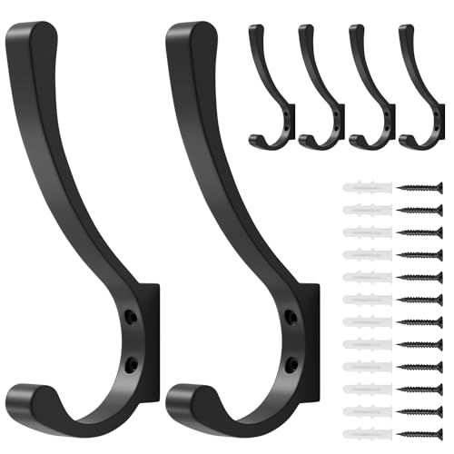 saffruff - 6 Pack Large Heavy Duty Coat Hooks, Black, Screw in Metal Wall Hooks for Hanging Coats, Backpacks, Purses