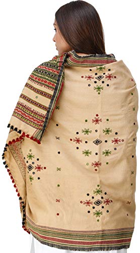 Image of Exotic India Women's Kutch Wool Shawl (SHV95--beige)