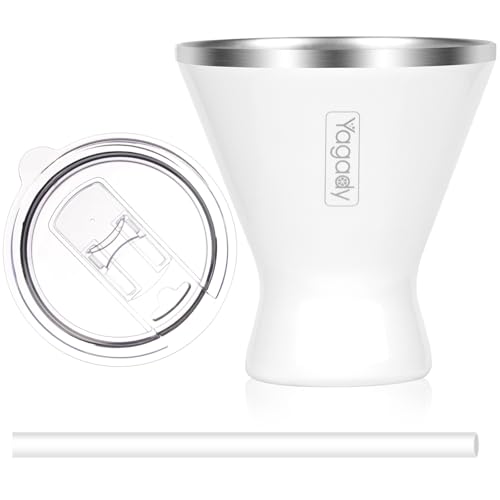 Yagady Stainless Steel Martini Tumbler with Lid & Cuttable Silicone Straw - 10oz Vacuum Sealed Insulated Martini Glass - Elegant Design Margarita Glass for Perfectly Chilled Drinks (White)