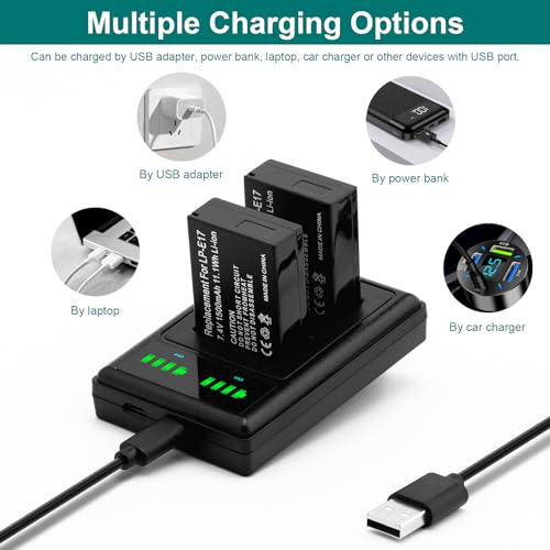 2 x 1040 mAh LP-E17 Battery + LED Built-in USB Dual Charger with Type C Port for Canon EOS M3, M5, M6, Rebel SL2, T6i, T6s, T7i, EOS 200D 250D 750D, 760D, 800D, 8000D, KISS X8i, RP Cameras