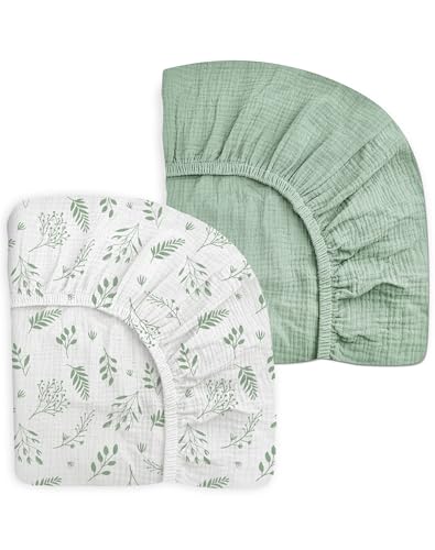 Image of Crib Sheets for Baby Boy Girl 2 Pack, Fitted Crib Mattress Sheet 28" x 52", Muslin Toddler Bedding with Neutral Style, Nursery Bedding Essentials (Fern Leaf & Sage)