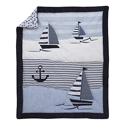 Nautica Nautical Adventure Blue & White Sailboat, Anchor, Waves, & Stripes 4Piece Nursery Crib Bedding Set - Comforter, 100% Cotton Fitted Crib Sheet, Crib Skirt, & Storage, Navy, Light Blue, White, #TOP1