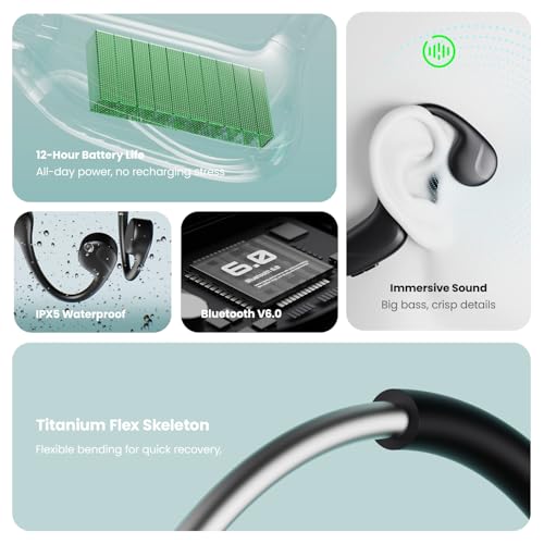 Bone Conduction Headphones,Bluetooth V6.0 Bone Conduction Earbuds with Mic,Open Ear Headphones 12Hrs Playtime,Wireless IPX5 Waterproof Sport Headphone for Running,Walking,Cycling,Gym(Pitch Black) - image 7