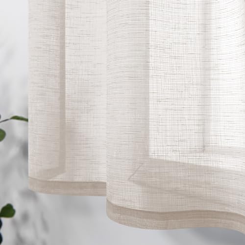 Image of Short Curtains 36 inch Length for Small Bedroom Window 2 Panels Rod Pocket Farmhouse Semi Sheer Faux Linen Tier Cafe Privacy Curtain for Camper Basement Bathroom Kitchen 30x36 Long Cream Beige