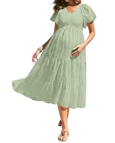 Image of Pinup Fashion Maternity Summer Dress Baby Shower Easter Pregnancy A-Line | Smocked V-neck, flutter sleeves, breathable floral fabric, bump friendly, perfect for photoshoot, spring casual,postpartum