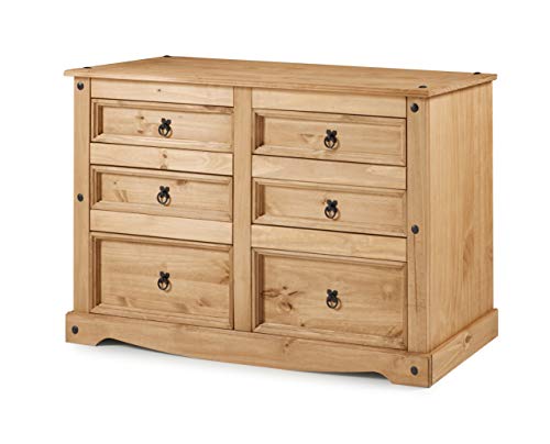 Corona Chest of Drawers 3+3 6 Drawer Low Wide Sideboard Solid Wood Pine Wooden Mexican Style Bedroom Storage Living Dining Room 83cm High. 132cm Wide. 43cm Deep.