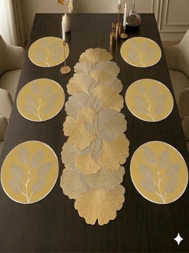 Image of Dakshya Industries PVC Waterproof Round Table Placemat & Table Runner Combo Set | 6 Round Table Mats (38 x 38 cm) + 1 Table Runner | Heat Resistant, Washable, Non Slip Dining Table Decor (Marvella)