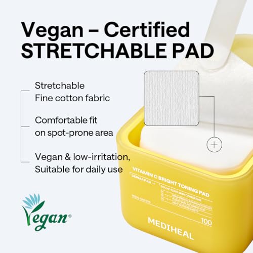 Image of MEDIHEAL Toner Pads 100 Count - Vitamin C Skin Toning - Radiance Booster for Clear & Illuminating Skin - Contains Niacinamide for Blemish Care - Vegan Stretchable Fabric Pads, Korean Skin Care
