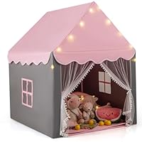 GYMAX Kids Tent, Fairy Play Castle with Washable Mat, Star Lights & Windows, Outdoor Indoor Children Playhouse Tents for Girls Boys Gift