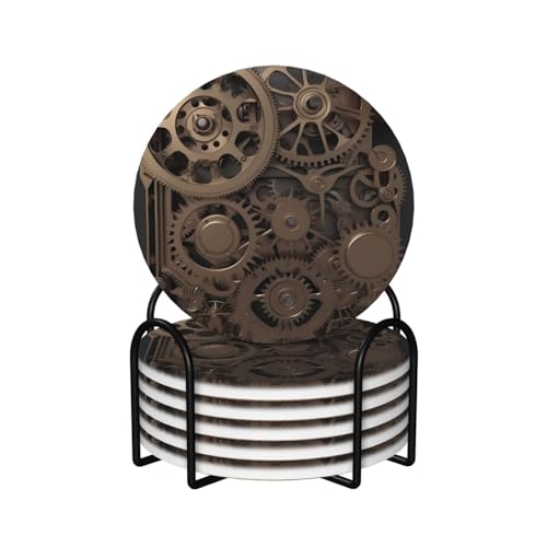 Dessous de verre céramique engrenages steampunk (Lot de 6 avec support)