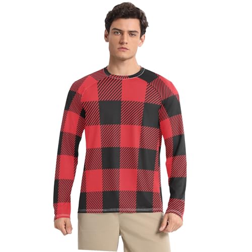 Red Black Plaid Men's Rash Guard Loose Crew Neck Loose Men's Sun Protection Long Sleeve Beach