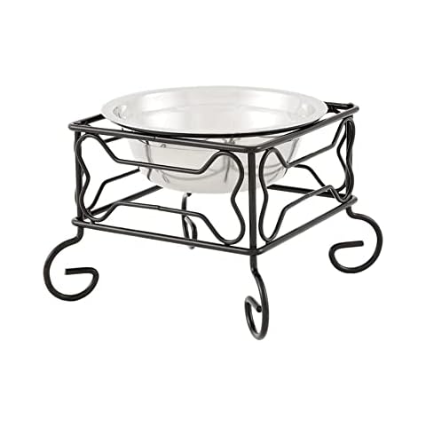 YML Elevated Stainless Steel Dog & Cat Bowl with Black Wrought Iron Stand, 5-Inch (2.5 Cups) Cover
