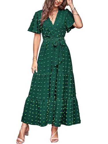 Image of MASCOMODA Women Boho Swiss Dot Maxi Dresses Wrap V Neck Flutter Short Sleeve Solid Tie Waist A Line Tiered Flowy Long Dresses