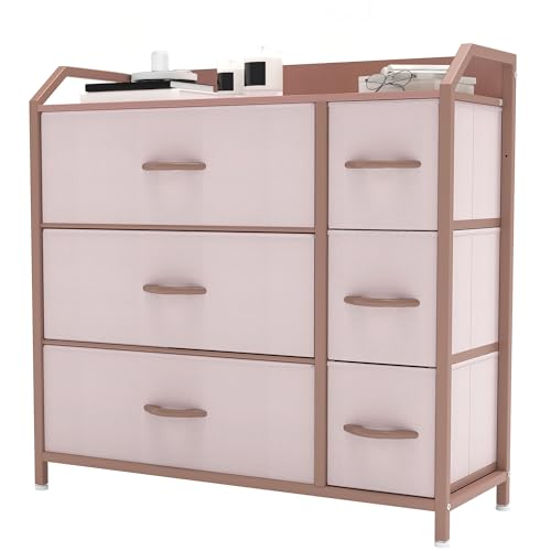 YITAHOME Commode, 6 Tiroirs en Tissu Commode Chambre Meuble de Rangement, Cadre en Métal,pour Chambre à Coucher, Salon,Rose