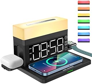TYTOGE 6 in 1 Wireless Charging Station with LED Night Light Digital Alarm Clock 18W Fast Charging Compatible for iPhone 13/12/11/Pro/SE/XS/XR/X/8Plus/8/Samsung Galaxy/iWatch/AirPods
