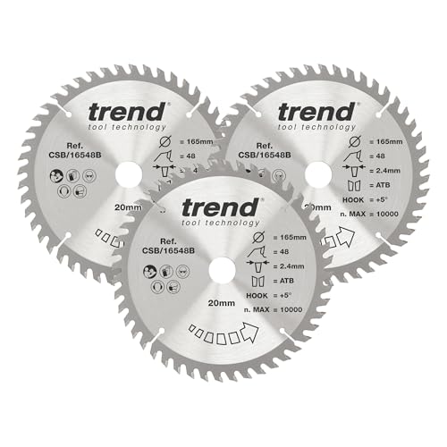 Trend Wood Circular Saw Blades 165mm Diameter 20mm Bore 48 Teeth 2.2mm Kerf +15 Hook TCT Fine Finish 3 Pack CSB/165/3PK/A