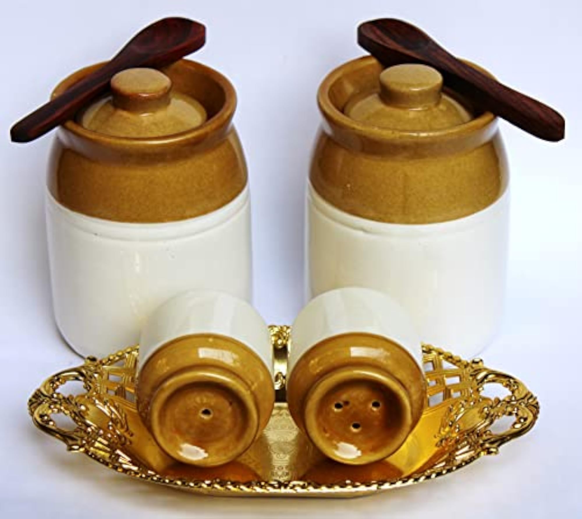 Elite 'BROWN WHITE' COMBO - SMALL 400 ml X 2 Ceramic Pickle Jar PAIR