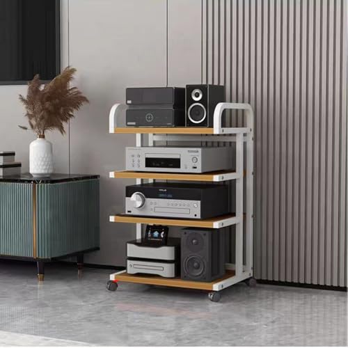QSPNVFB Multifunktionales Ablageregal Mobiles HiFi Regal Mit Rollen 3/4 Etagen AV Media Komponenten-Rack, Audio Rack Tower Schrank, Stereo Stand Organizer(White,4-Tier)