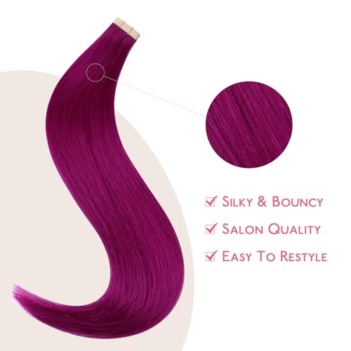 Image of WENNALIFE Tape in Hair Extensions Human Hair Violet Tape in Extensions, 10pcs 30g 26 inch Remy Invisible Tape Ins Straight Colored Soft Real Human Hair Tape in Extensions Refill Set Extensions