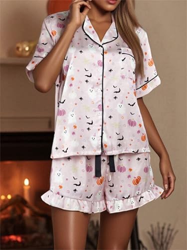 Women Cute Halloween Pumpkin Pajama Set 2 Piece Y2k Silky Satin Button Down Short Sleeve Shirt Shorts Sets Loungewear3