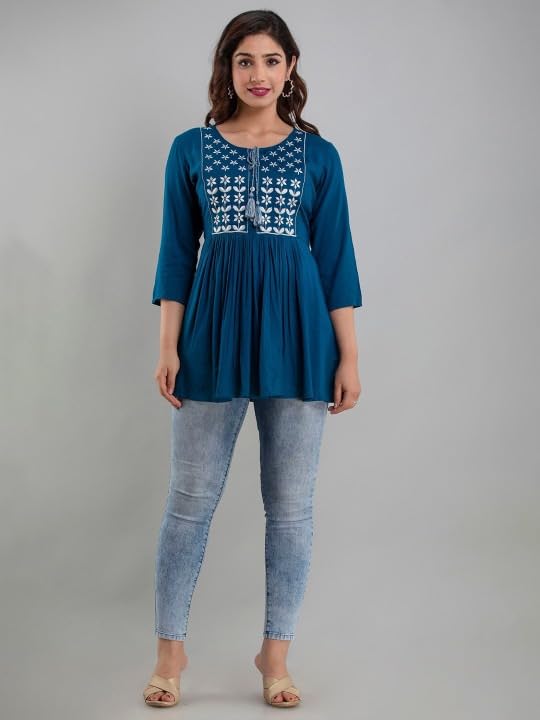 Image of Avayayat Women's Rayon Classic Heavy Embroidery Top with Beautifull Tassels at Front and on Both Sleeves Regular Fit Office Wear Festival Tunic Jeans Summer