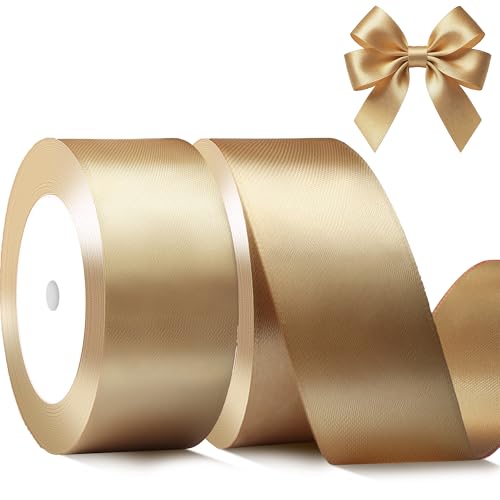 Gold Satin Ribbon 1-1/2 Inch x 2 Rolls Gold Wide Satin Fabric Ribbon for Gift Packaging Christmas Wedding Flower Bouquet Holiday Party Invitation Total 50 Yards