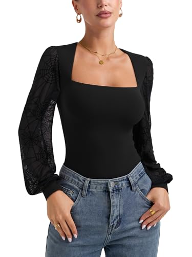 Image of PINKMSTYLE Women's Spider Web Mesh Puff Sleeves Bodysuit for Halloween