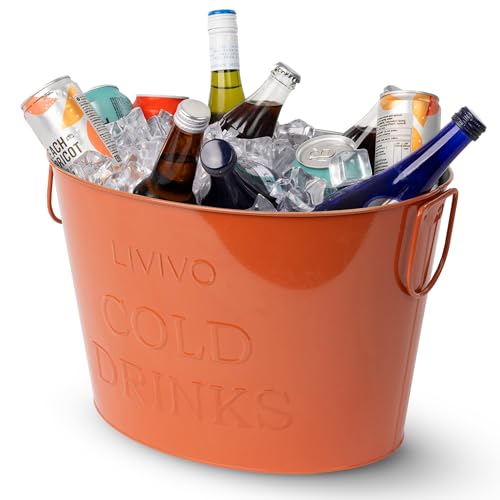 LIVIVO 24L Galvanised Steel Large Ice Bucket - Drinks Cooler Bucket with Handles for Parties BBQs Garden Bar Beer Bucket Wine & Champagne Cooler Metal Tub for Bottles & Cans - Coral