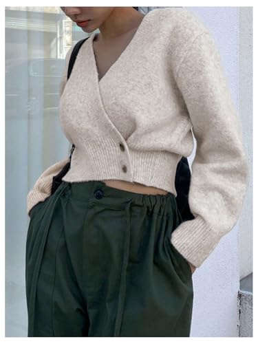 Image of WDIRARA Women's Wrap V Neck Sweater Button Front Long Sleeve Crop Knitted Top