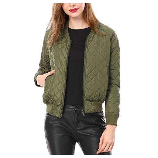 Allegra K Chaqueta Bomber Acolchada con Cremallera y Mangas largas raglán para Mujer con Bolsillos Verde M