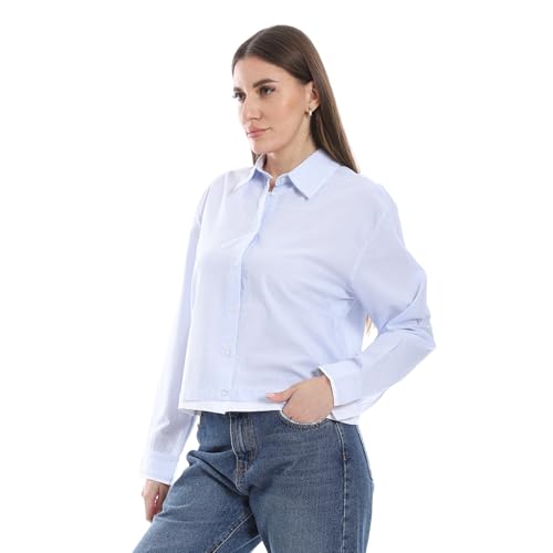 Women's Striped Button-Down Shirt, Long Sleeve, Cropped Fit-3625 (baby blue, XXL)