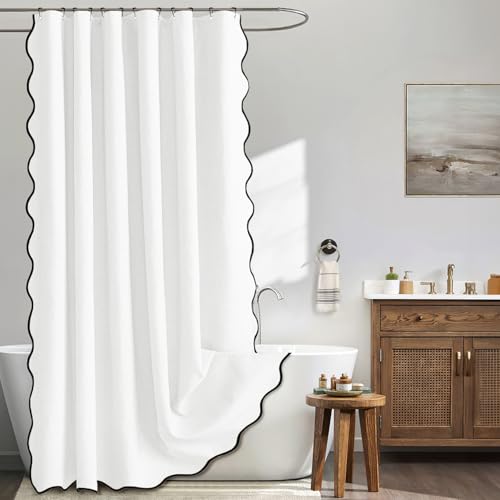 MIULEE White Scalloped Shower Curtain Linen Textured with 12 Metal Hooks Cute Heavy Duty Washable Waterproof Thick Cloth Shower Curtains with Black Border for Bathroom Hotel Bathtub W72*L72