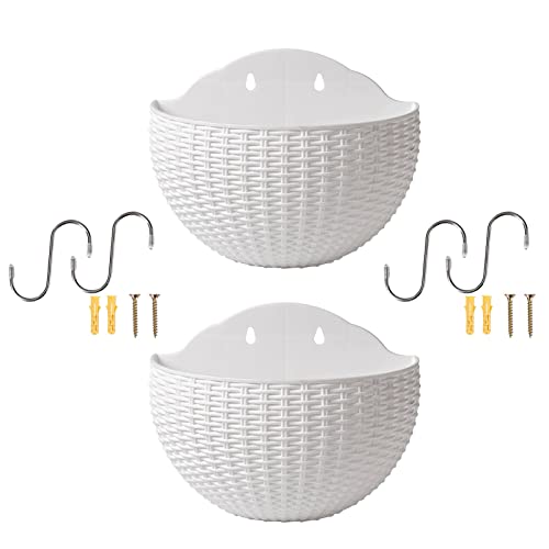 Zceplem 2 Pezzi Vaso da Fiori da Appendere A Parete, Vasi per Piante da Esterno, Vaso da Fiori A Semicerchio da Parete in Rattan Imitato, Portapiante Gancio per Balcone Recinto Fioriere A Muro