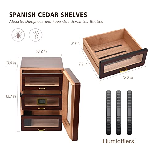 Cskeeoon Cigar Humidor Box With 3+1 Drawers,Cigar Humidors For 100 To 150 Counts With Digital Hygrometer,2 Upgraded Crystal Gel Humidifiers, Wonderful Gift For Men. #TOP4