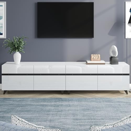 XQJLSL Mueble de televisión Alto Brillo 180 cm de Largo con 4 Puertas divisores Ajustables bajo de Tablas para hasta televisores de 80 Pulgadas Armario para TV para salón Mesa de TV Blanco