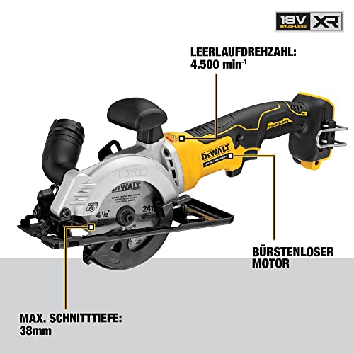 Dewalt 18V Akku- Handkreissäge DCS571NT (bürstenlos, 38mm max. Schnitttiefe, spezielle Bauweise für Einhand-Betrieb, inkl. HM-Sägeblatt, Parallelanschlag, Absaugadpater, Sparrenhaken & TSTAK Koffer) – Bild 4