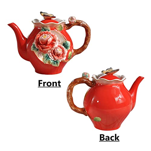 Forlong Ceramic Large Coffee Pot, Chinese Style 3D Handmade And Hand Painted Red Peony Teapot,Christmas Gifts #TOP2
